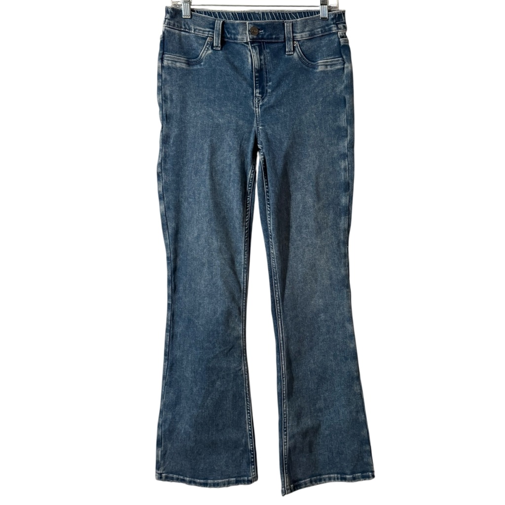 Aerie Denim Baby Flare Pull On Zip Medium Indigo Stretch High Waist 90s Y2k Boho
